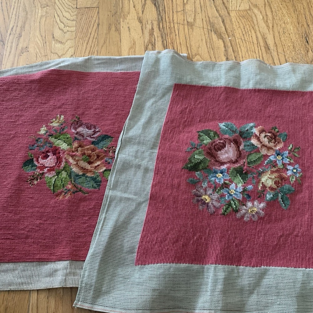 Set 2 Bucilla Finished Floral Needlepoint Panel Roses Pillow Bench Chair Framing